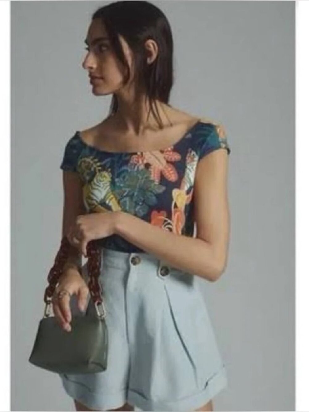 Anthropologie Maeve Tiger Jungle Print Off Shoulder Knit Top M Tropical Peplum - Picture 7 of 8
